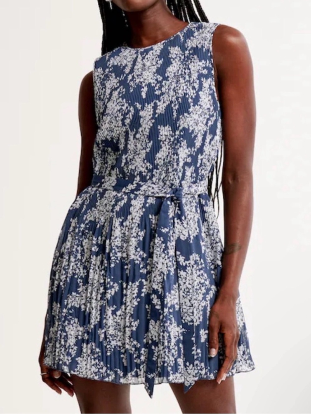 Abercrombie & Fitch Navy Blue Floral High-Neck Plisse Mini Dress | Small Tall